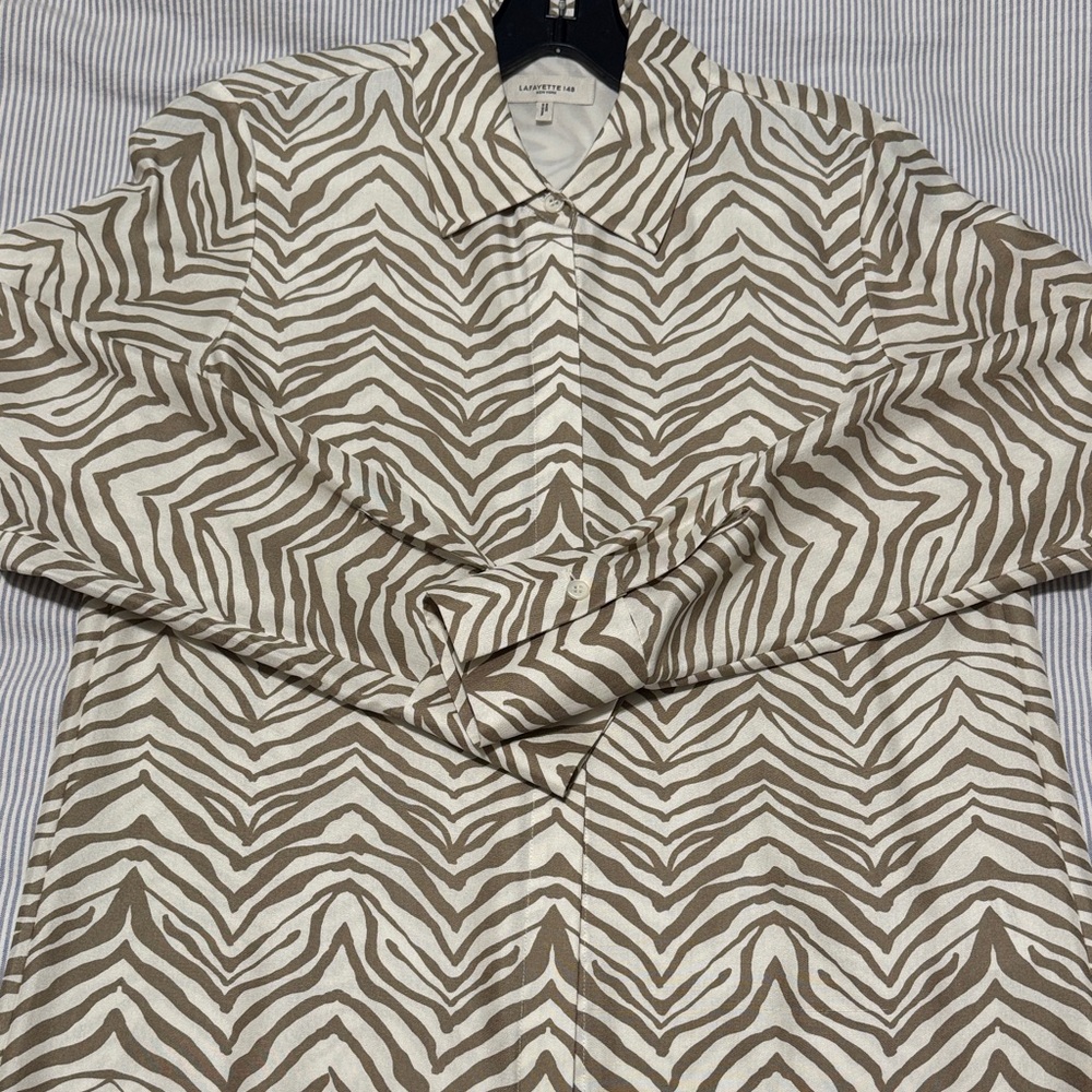 Lafayette 148 New York Zebra Print Button Down Shirt - Brown and White